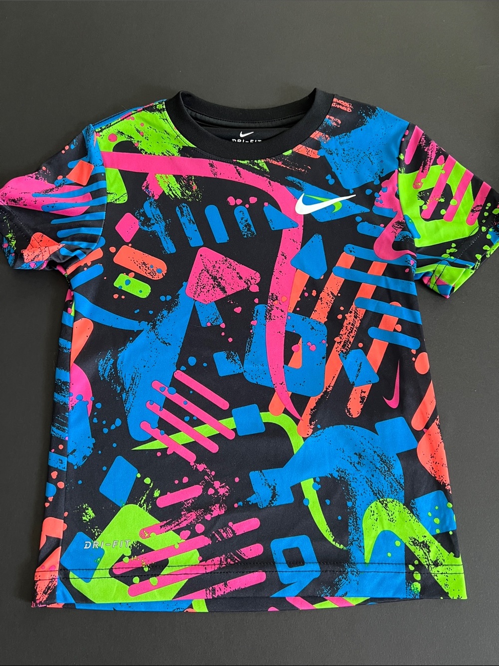 Nike Black Short-Sleeve Tee with Neon Blue, Pink, Green & Orange Graphics